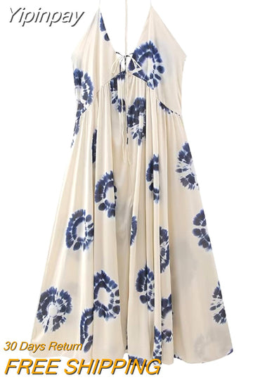 Yipinpay 2023 Print Backless Dress Woman Ruched Halter Long Dress Women Off Shoulder Midi Summer Dresses Sexy Beach Party Dresses